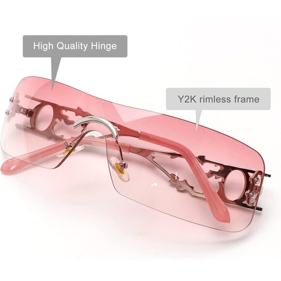 Rimless Y2K Rectangle Light Pink Sunglasses Women and Men Vintage Retro Eyewear - Picture 4 of 6